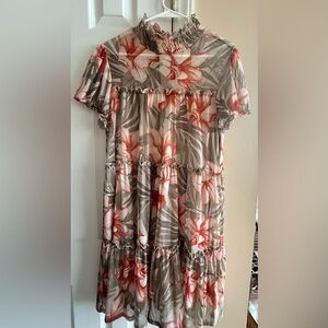 Tiered Floral Dress in Coral and Taupe